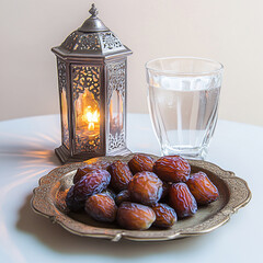  Segai dates beautifully arranged in a traditional dish alongside water glass and a lit lantern symbolizing Ramadan,