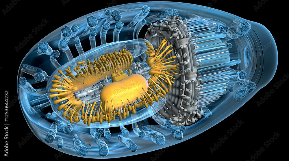 Poster a detailed 3d rendering of a complex biological structure, showcasing intricate internal components 