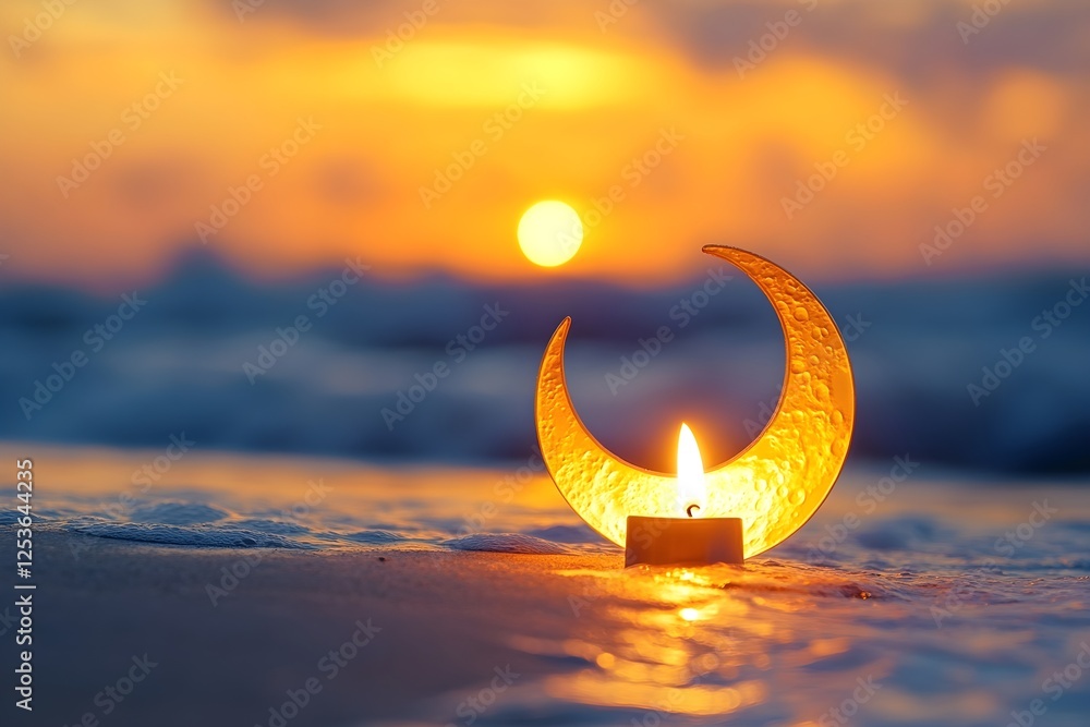 Fototapete ramadan background design colourful lantern lamp with dates and tasbih isolated on beige background,