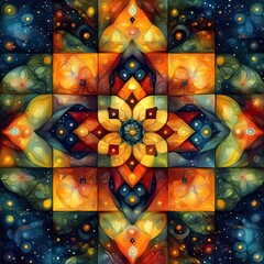 A central diamond-shaped kaleidoscope pattern blending into the background.