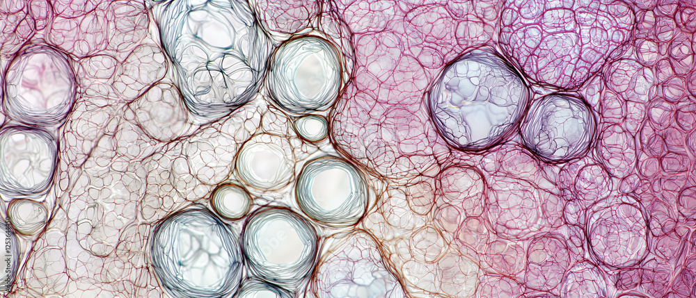 Poster a colorful microscopic view of bubbles and cellular structures, showcasing intricate patterns and te