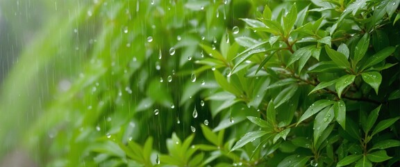 Obraz premium Gentle Spring Rain Nourishing Vibrant Green Leaves