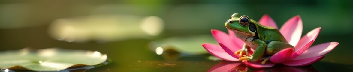 Naklejka premium Solitary frog on vibrant waterlily, sunlight reflecting, summer, detail, still