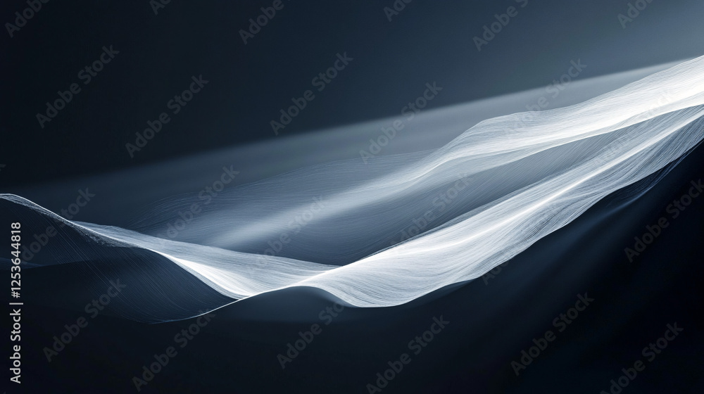 Poster soft flowing light waves in white tones moving across a dark background creating an elegant and drea