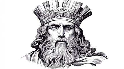 Portrait of a regal figure with a crown, conveying authority and wisdom, set against a plain background