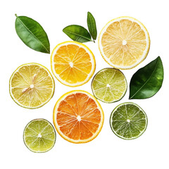 Fototapeta premium Fresh Citrus Fruit Slices Including Lemon, Lime, and Orange Isolated on White Background for Healthy Lifestyle and Cooking Inspiration