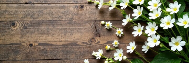 Obraz premium Wooden background with scattered white gypsophila stems and leaves, whitespring,