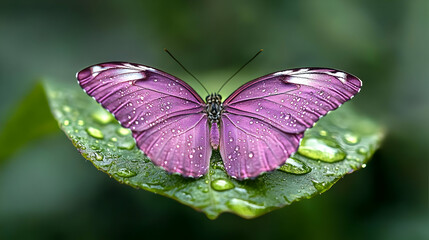 Purple butterfly resting on leaf, rainforest background, nature photography