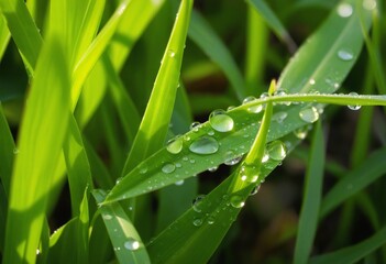Naklejka premium Sparkling droplets on vibrant spring foliage and lush grass blades.