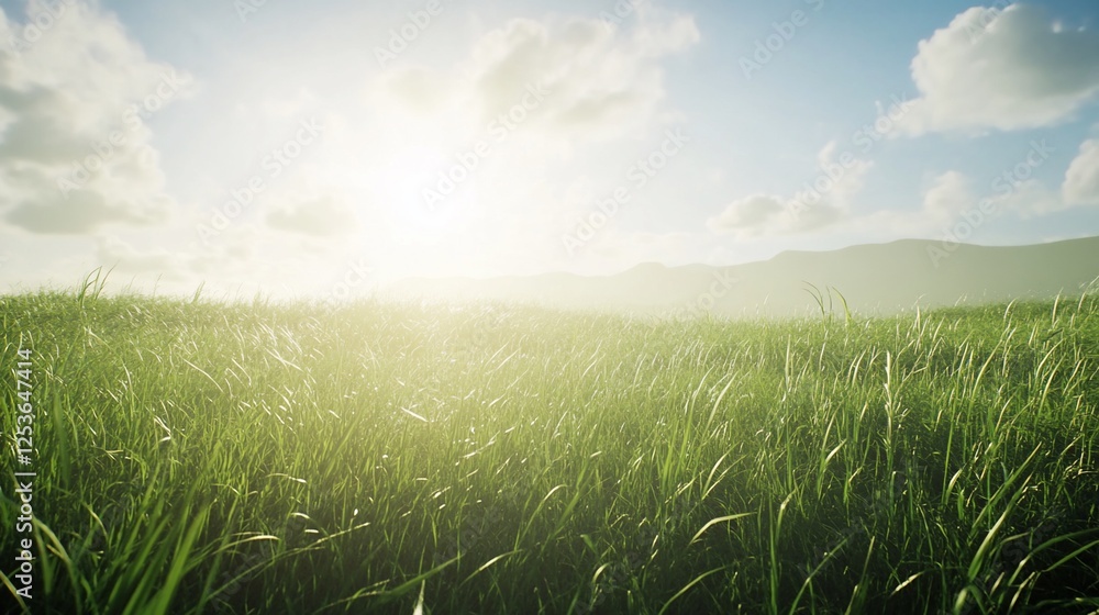 Poster sunlight shining over a lush green field of grass with a mountain in the background and clouds in th