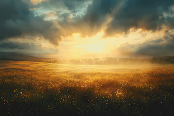 Obraz premium Field with sunlight shining through clouds over green grass landscape under blue sky