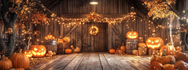 Obraz premium Rustic barn adorned with glowing jack-o'-lanterns and twinkling fairy lights for a festive Halloween atmosphere.