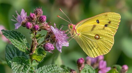 Fototapeta premium Yellow butterfly feeding on pink flower, garden, summer