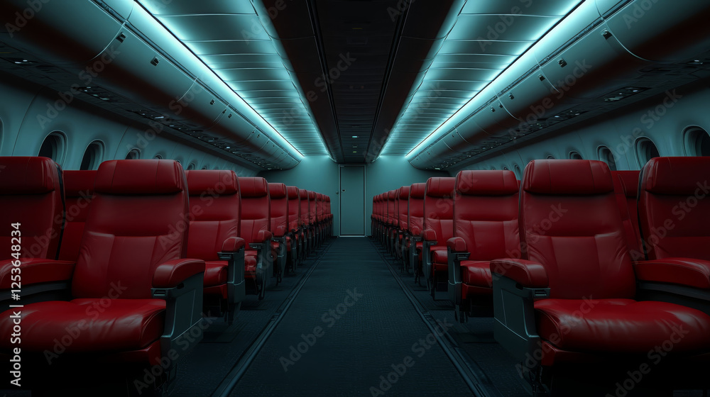 Poster wide angle view of empty airplane cabin featuring red seats and ambient lighting, creating modern an