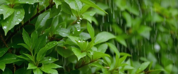 Obraz premium Delicate Raindrops Embracing Vibrant Greenery in a Spring Shower