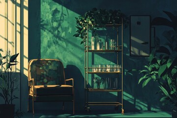 Sunlit room with armchair, shelving unit, and plants.