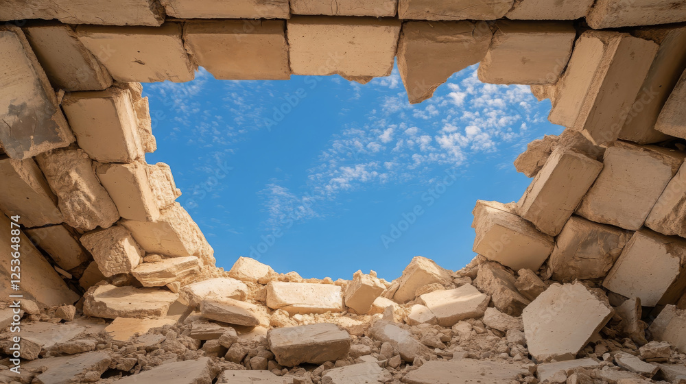 Poster dramatic view of collapsed structure revealing bright blue sky with clouds. broken bricks create str