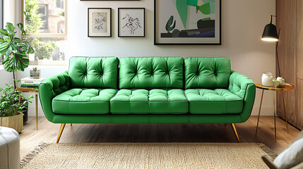 A modern living room with a vibrant green sofa, complemented by warm brass accents and a natural jute rug, offering a peaceful and relaxing vibe. 