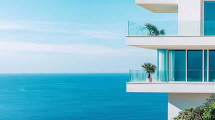 Minimalist luxury apartment with a glass balcony overlooking a calm blue ocean tropical plants and a sleek white modern architectural design serene view
