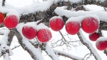 Snow Covered Red Apples on Winter Branch