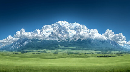Majestic snow-capped mountain range over green valley