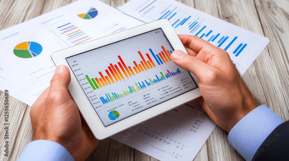 Poster professional analyzing colorful data charts on tablet, surrounded by reports. vibrant graphs illustr