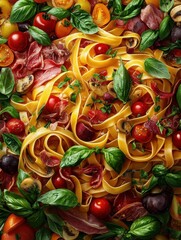 Prepared tagliatelle with vegetables and meat
