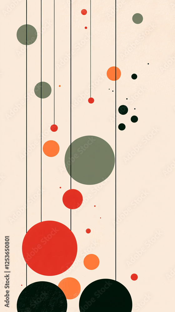 Poster vertical abstract artwork with floating red green and orange circles hanging from thin lines on a be