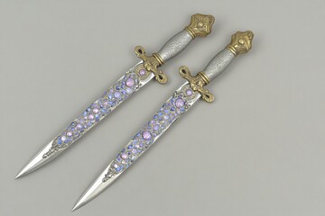Ornate Dual Bladed Swords with Intricate Designs and Gemstone Embellishments on Display