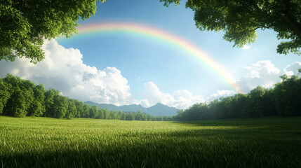 Naklejka premium serene outdoor scene featuring vibrant rainbow arching over lush green field, surrounded by trees and mountains in background, evokes sense of tranquility and beauty