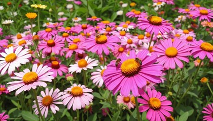 A colorful summer garden alive with blossoms and buzzing honeybees.