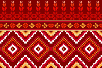 Pixel ethnic  pattern oriental traditional. Design fabric pattern textile African, Aztec African America Indian seamless. Floral pixel art pattern on navy background  vector illustration