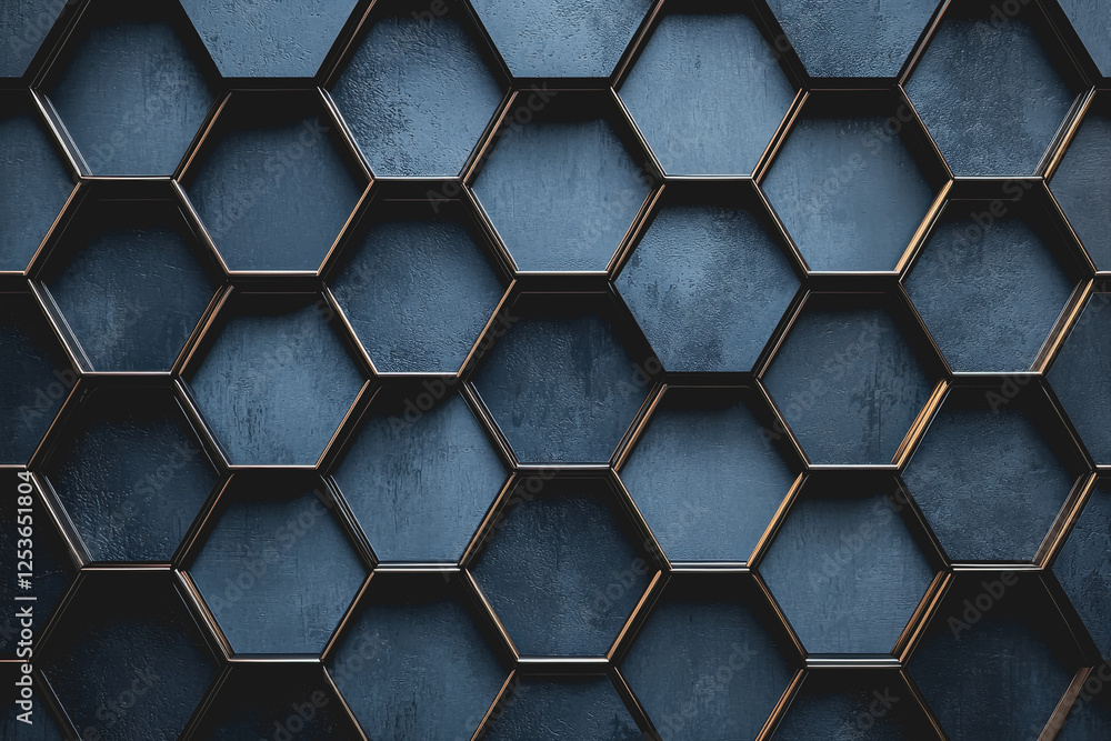 Poster dark blue wall with gold hexagonal patterns creating a modern and stylish interior design element