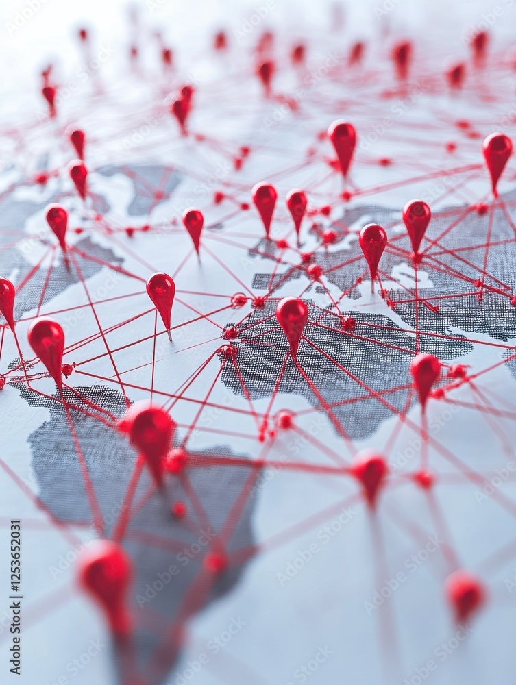 Poster world map with red location pins connected by lines, representing global connections.