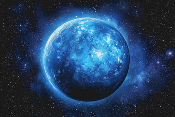 Blue planet surrounded by stars in a dark cosmic background with a vast universe view