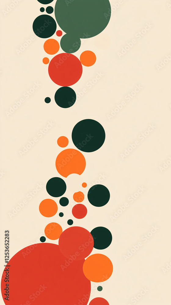 Poster minimalist vertical abstract artwork with green red and orange circles closely arranged on a beige b