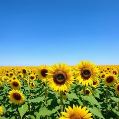 Fototapeta premium A vibrant landscape of blooming sunflowers against a bright azure sky.
