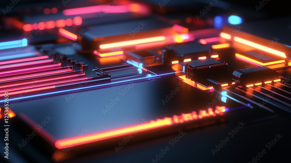 Poster futuristic technology abstract background with glowing circuit board lines and chips
