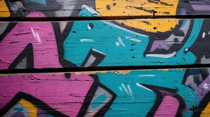 Colorful graffiti art on wooden planks, urban background, design texture.