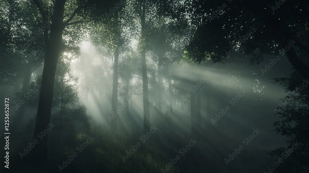Poster sun rays filter through dense fog in a tranquil forest setting with tall trees