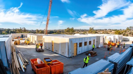 A panoramic view of a construction crew assembling modular components for a prefabricated housing project in a factory setting, Prefabricated construction scene, Modular assembly style