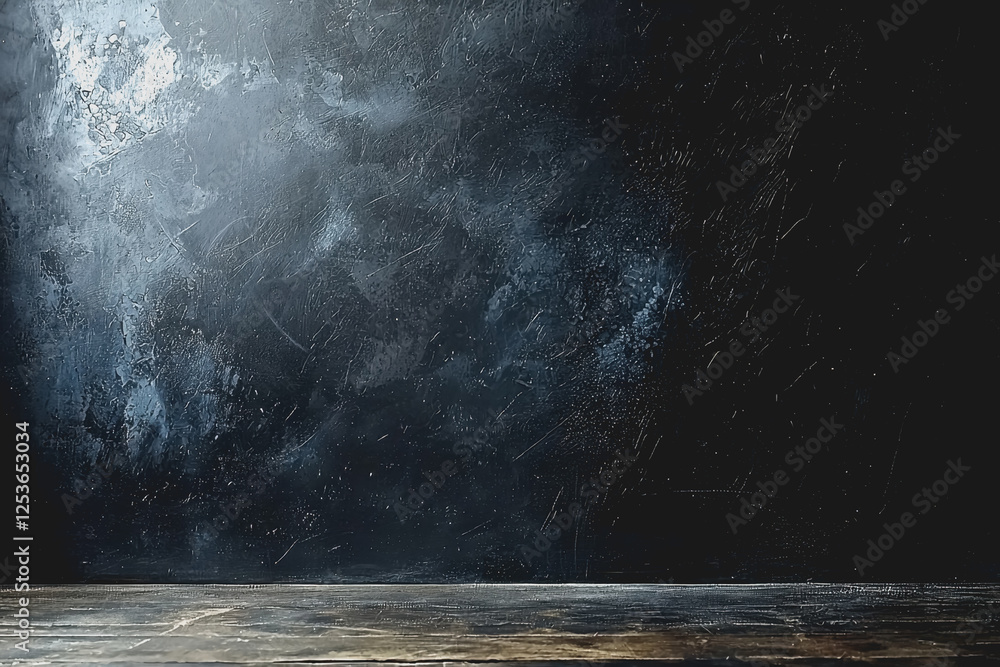 Poster dark room with wooden floor illuminated by ceiling light source creating a moody atmosphere