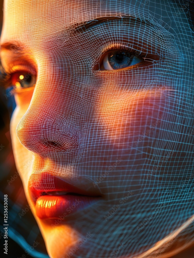 Poster a woman's face with a grid of grids applied on top of it. concept of cosmetic procedures. digital fa