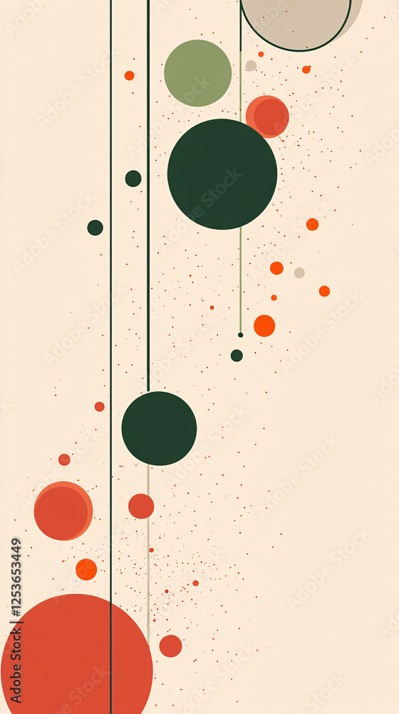 Aufkleber vertical composition with large and small circles in green red and orange connected by thin lines on