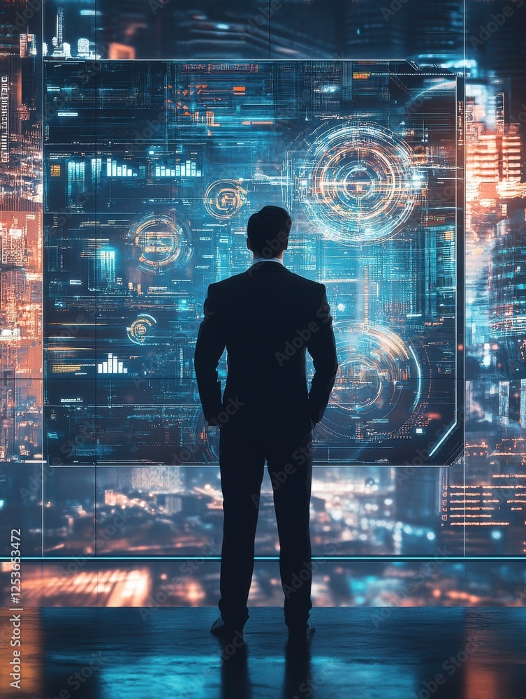 Poster a future leader standing confidently in front of a large screen displaying their vision for the futu