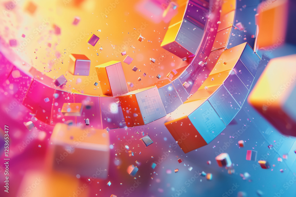 Poster colorful geometric explosion of cubes and shapes creating an abstract digital art composition