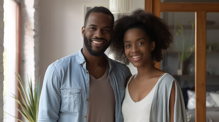 Obraz premium Welcome, Cheerful Black Couple Opening Entry Door Smiling To Camera Posing Standing At Home, Real Estate Buyers Meeting You In Modern Living Room Indoor. New House Ownership Concept