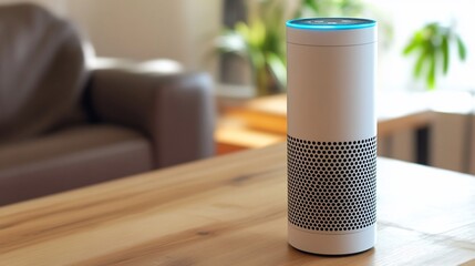Smart speaker device standing on a wooden table in a modern living room