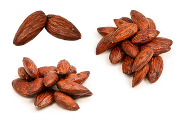 A group of caramelized almonds isolated on a white background.