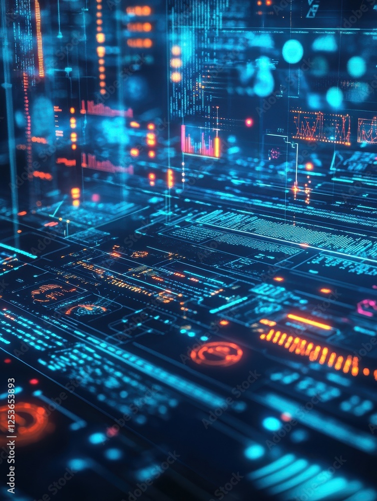 Poster a futuristic city skyline with abstract data visualizations and glowing elements representing techno